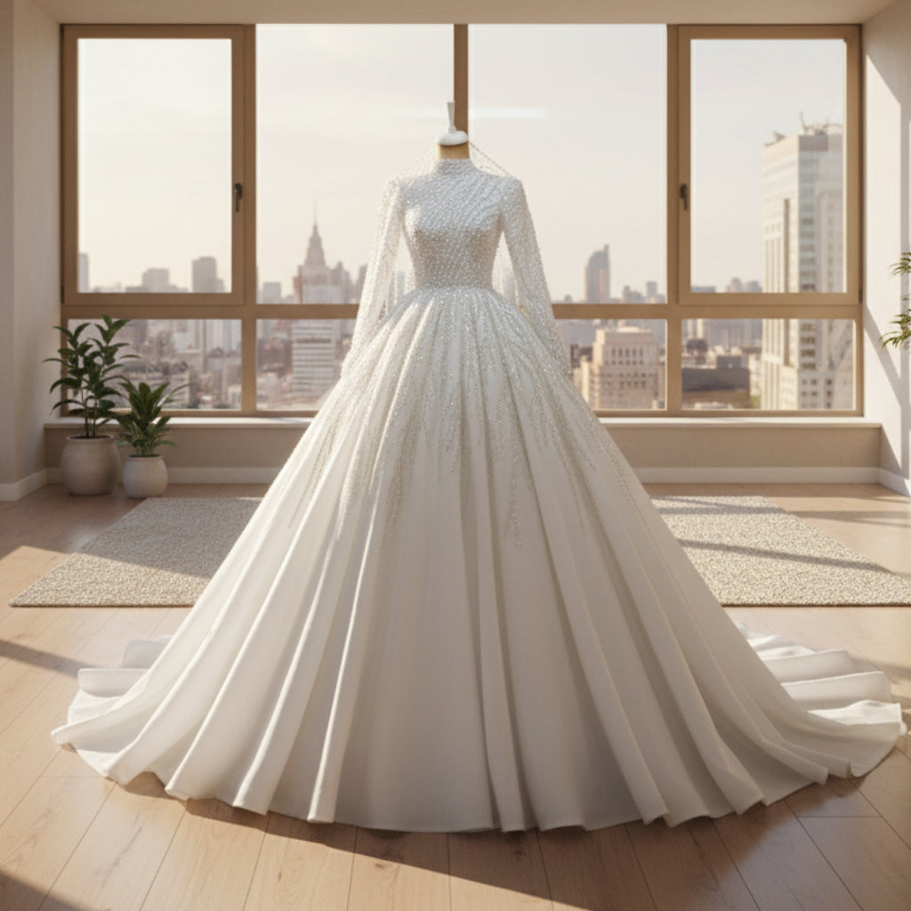 White wedding dress on a mannequin in an ornate room with gold accents.