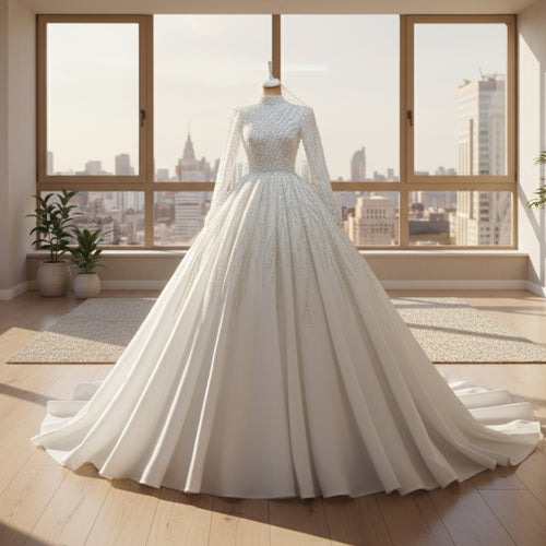 White wedding dress on a mannequin in an ornate room with gold accents.