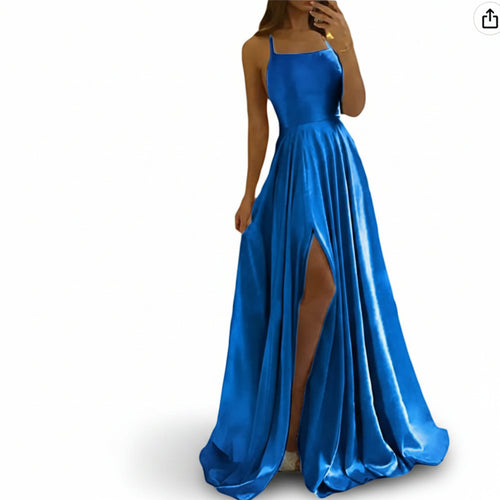 Blue evening gown with a slit on a white background