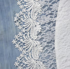 Close-up of white lace fabric on a blue and white background