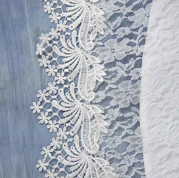 Close-up of white lace fabric on a blue and white background