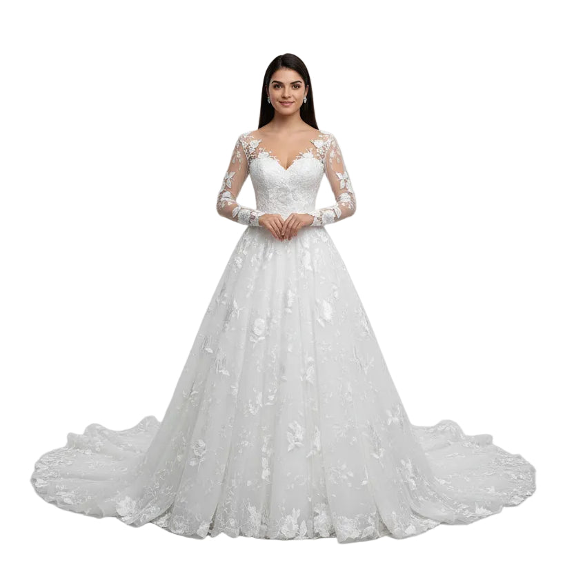 Woman wearing a white wedding dress with floral details in a mirror reflection.