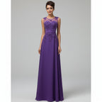 Woman wearing a purple evening gown with lace detailing, shown from front and back, against a textured wall.