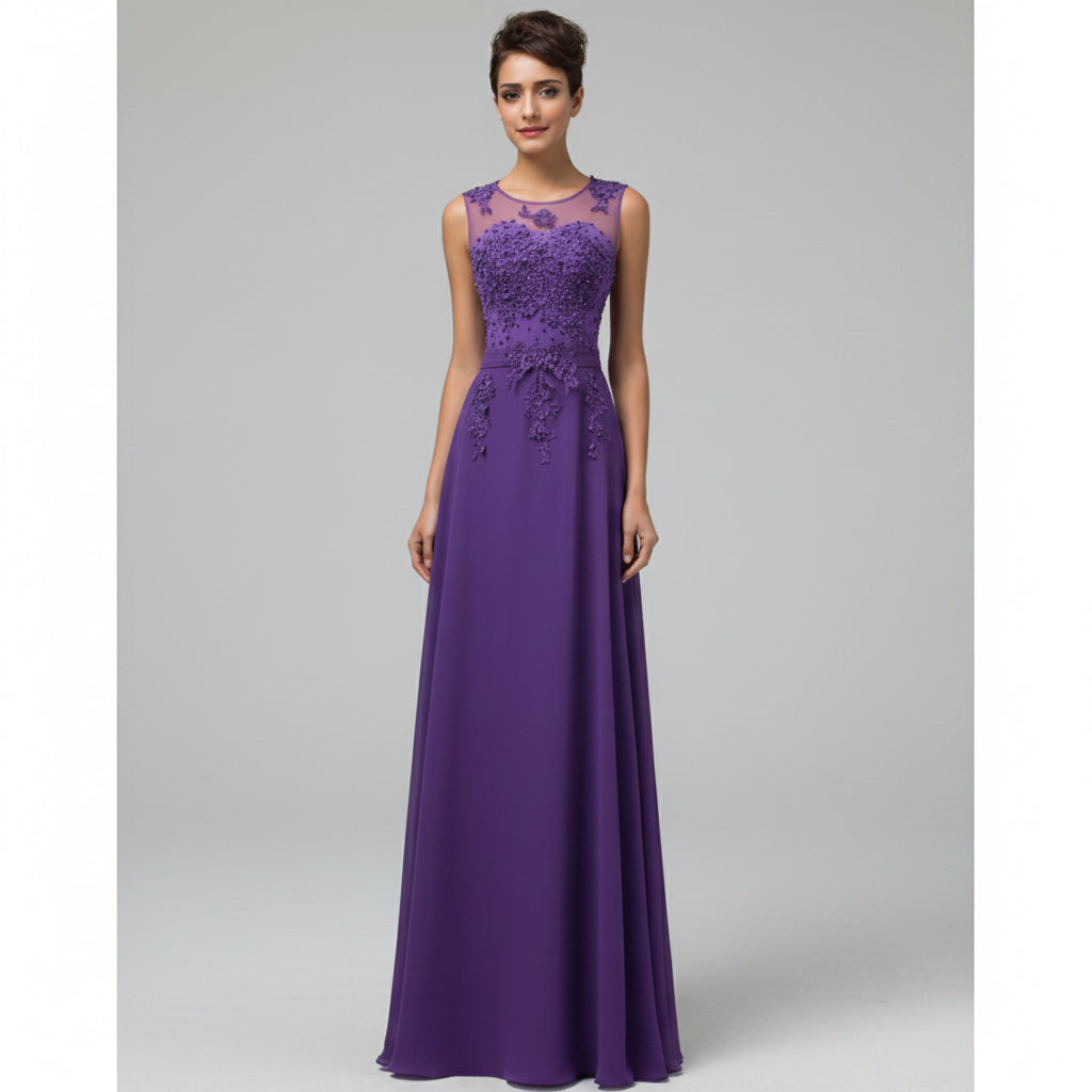 Woman wearing a purple evening gown with lace detailing, shown from front and back, against a textured wall.