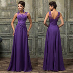 Woman wearing a purple evening gown with lace detailing, shown from front and back, against a textured wall.