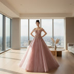 Pink evening gown with floral embroidery on a plain background
