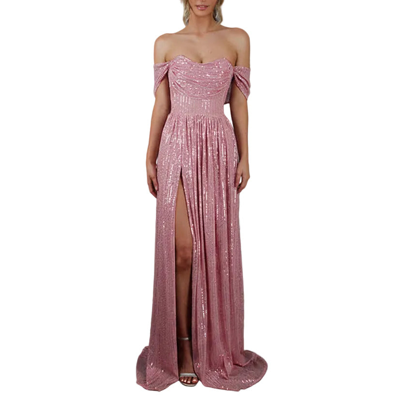 Pink sequin off-shoulder gown on a gray background
