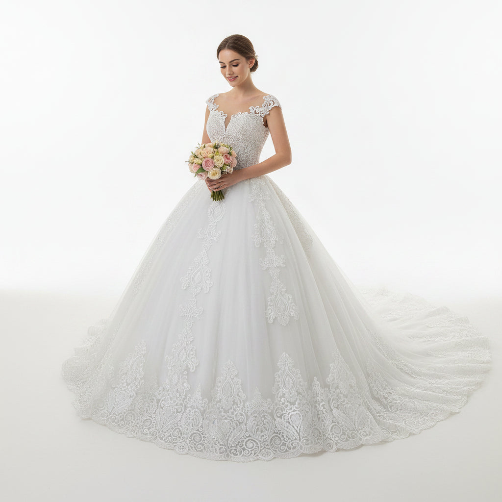 Woman in a white lace wedding dress holding a bouquet outdoors.
