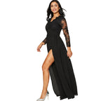 Woman wearing a black lace dress with a slit on a white background