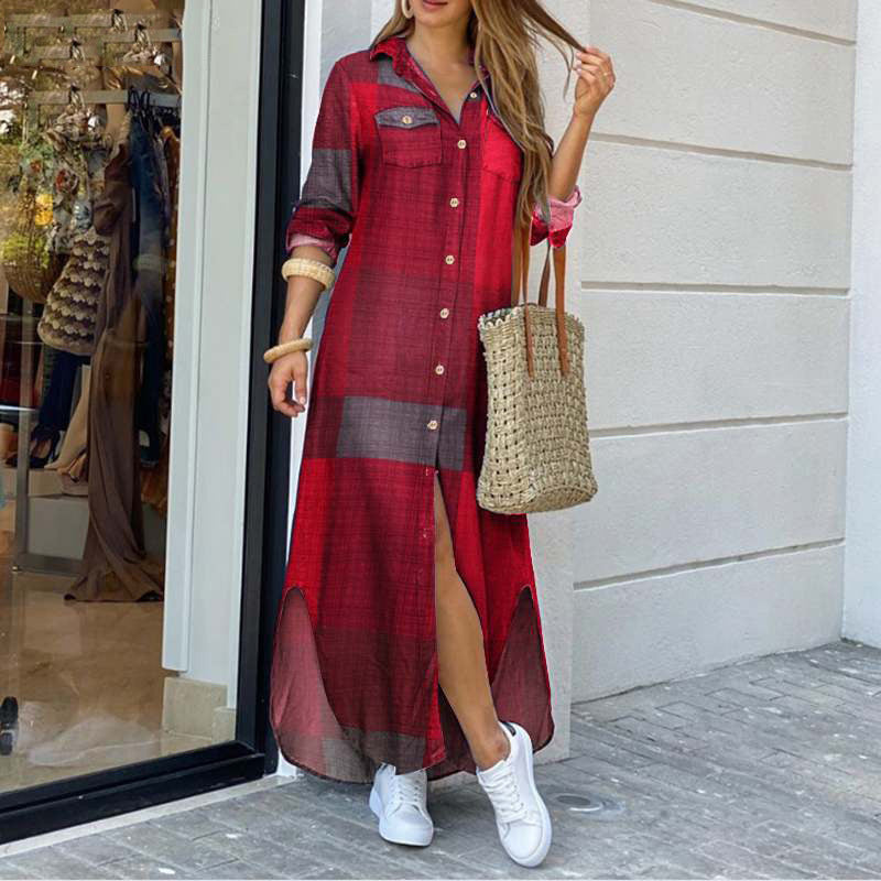 Woman wearing a red plaid dress with white sneakers and a straw bag, standing outside a store.
