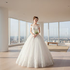 White wedding dress with lace details on a white background